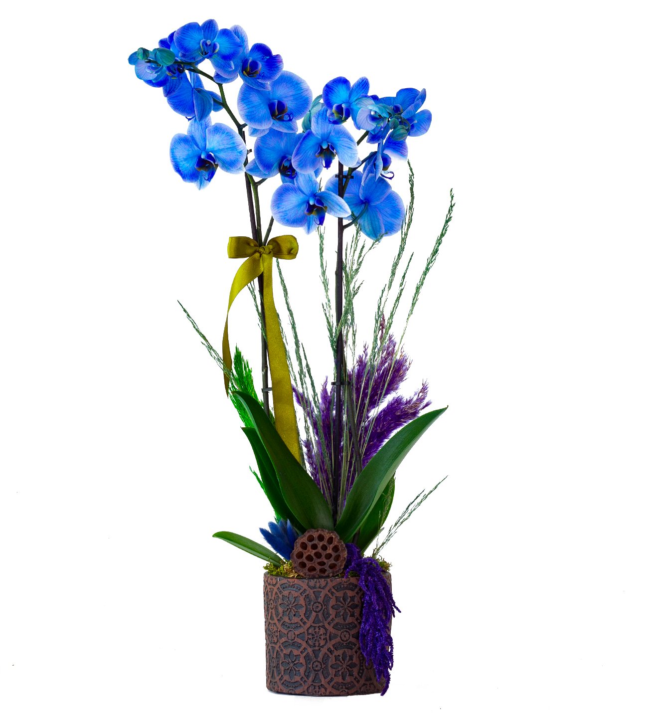 Eskitme Görünümlü Dekoratif Saksıda Mavi Orkide