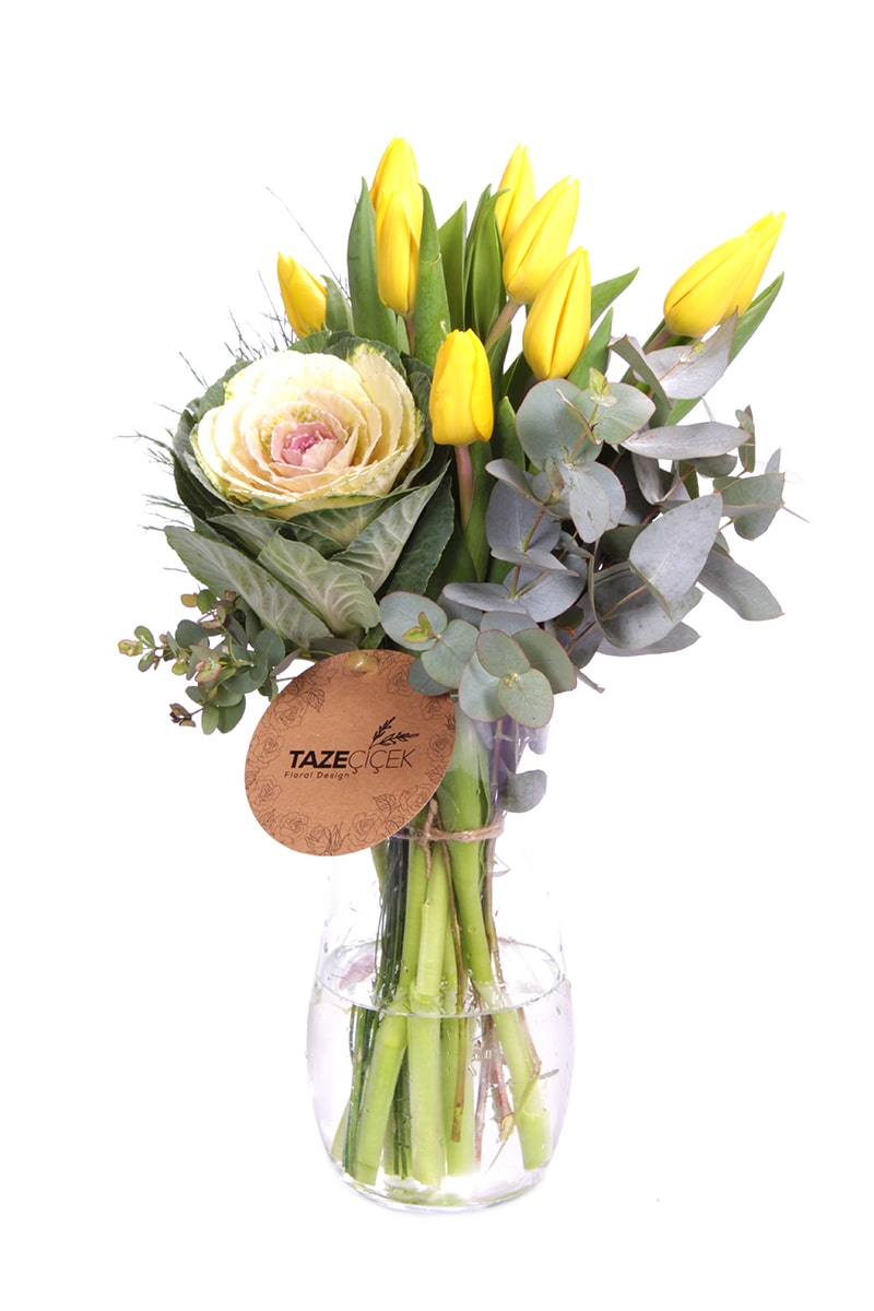 Sarı Lale & Süs Lahana Vazoda Çiçek