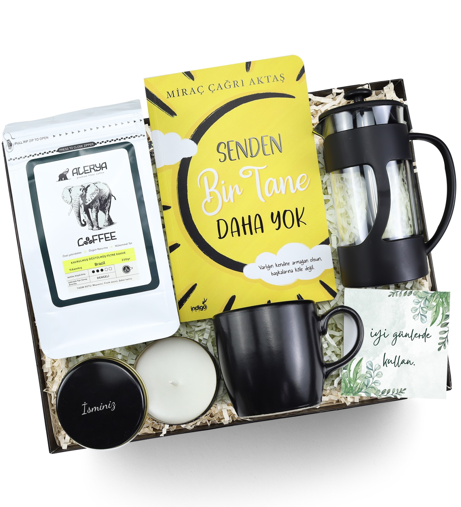 Kitap & Mum & Kupa & Filtre Kahve & French Press Hediye Seti