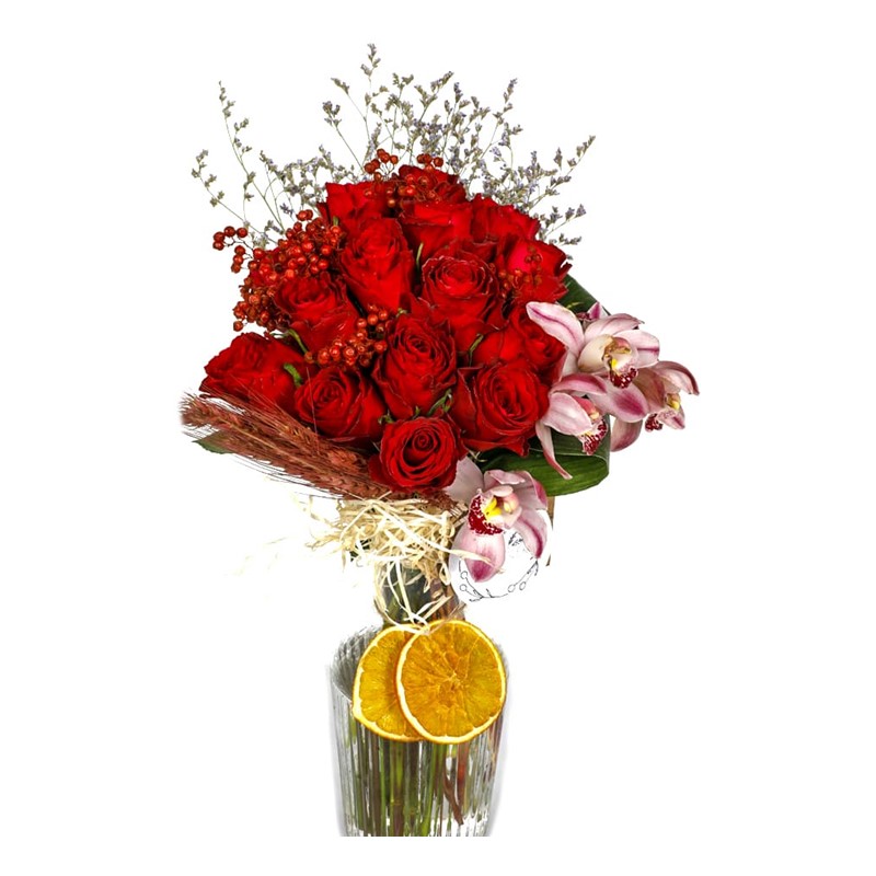 Hot Red Roses in Vase