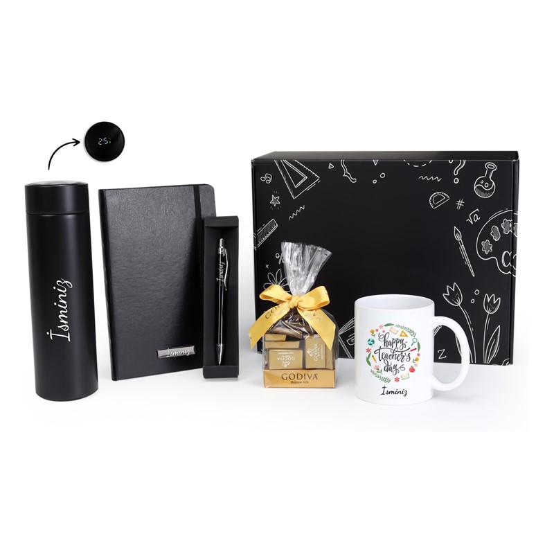Kişiye Özel Dereceli Termos & Defter & Kalem & Kupa & Godiva Çikolata Hediye Seti